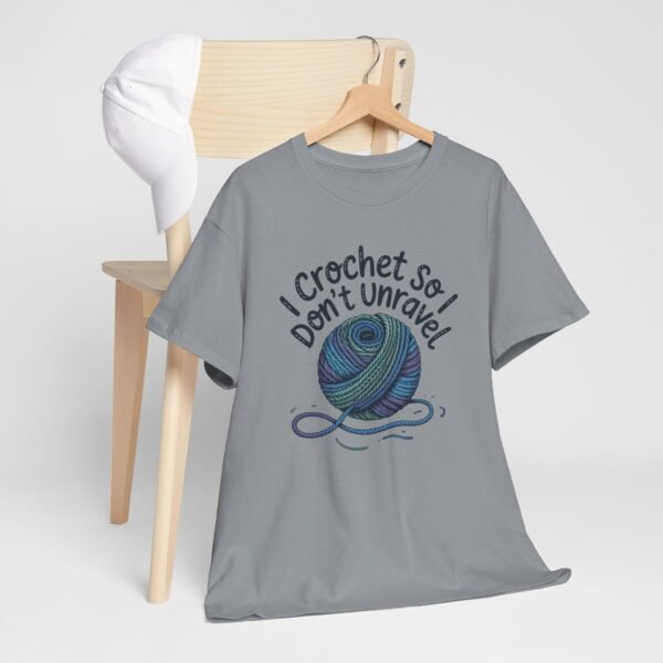 “i crochet so i don’t unravel” funny crochet t shirt for yarn lovers, crafters & makers – cozy craft quote tee