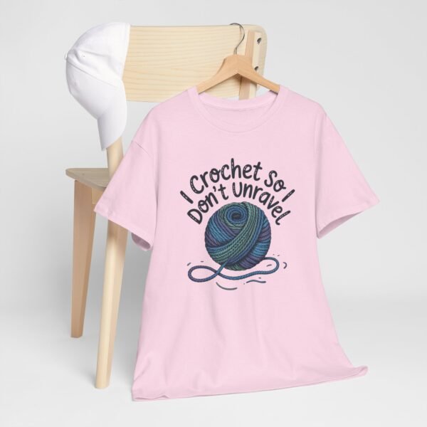 “i crochet so i don’t unravel” funny crochet t shirt for yarn lovers, crafters & makers – cozy craft quote tee