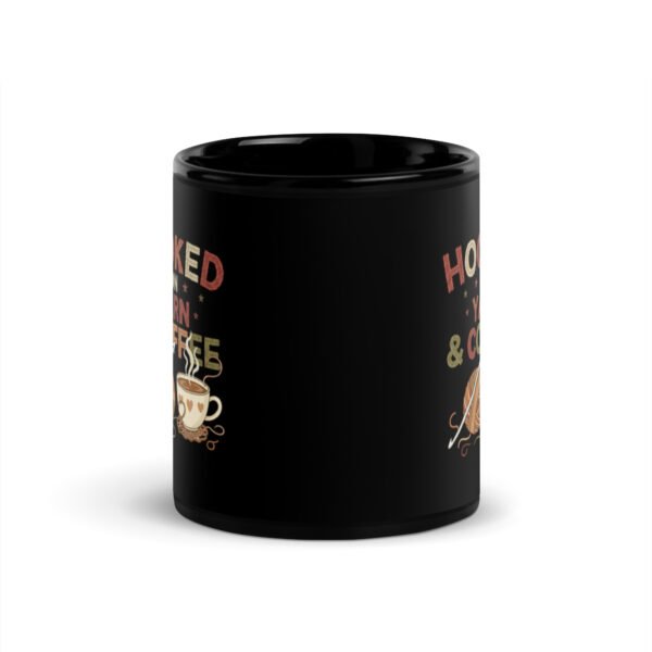 “hooked on yarn and coffee” mug – funny crochet quote cup for yarn lovers black glossy mug