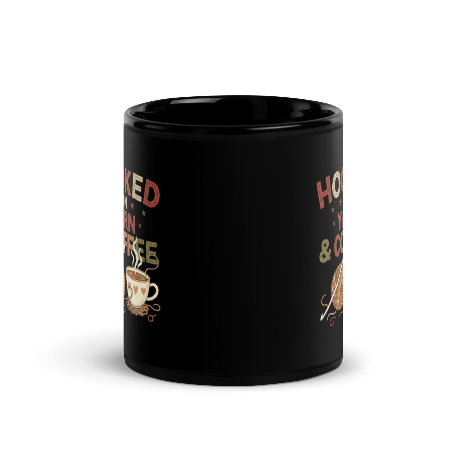 “hooked on yarn and coffee” mug – funny crochet quote cup for yarn lovers black glossy mug “hooked on yarn and coffee” mug – funny crochet quote cup for yarn lovers black glossy mug