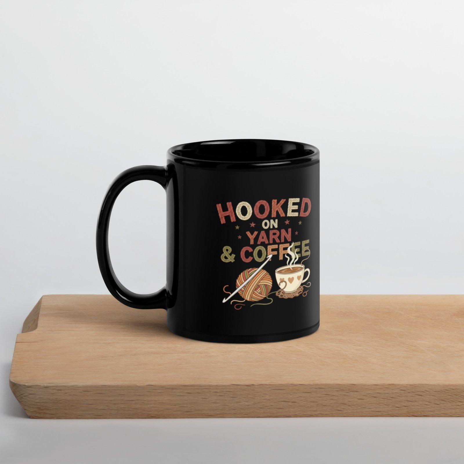 “hooked on yarn and coffee” mug – funny crochet quote cup for yarn lovers black glossy mug “hooked on yarn and coffee” mug – funny crochet quote cup for yarn lovers black glossy mug