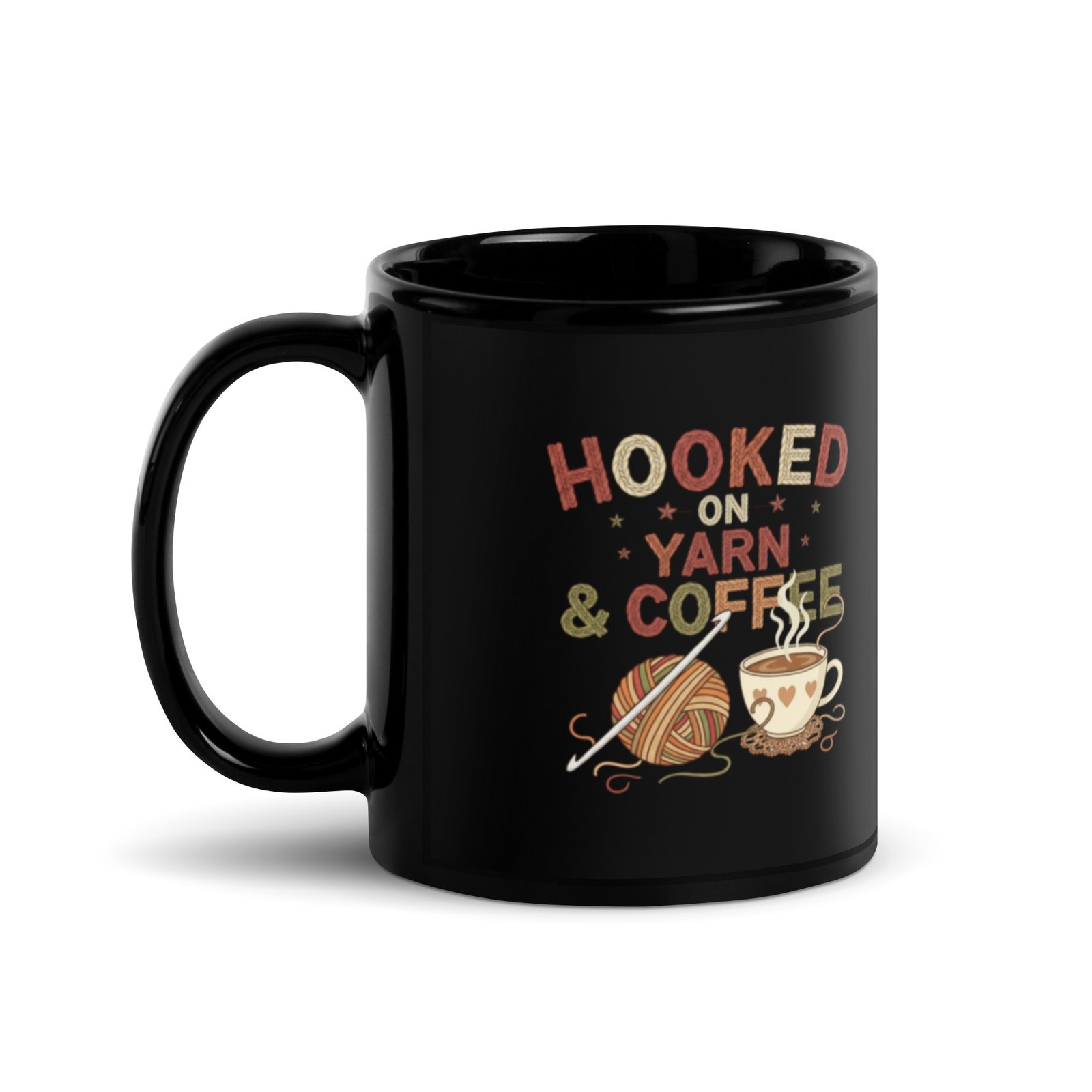 “hooked on yarn and coffee” mug – funny crochet quote cup for yarn lovers black glossy mug “hooked on yarn and coffee” mug – funny crochet quote cup for yarn lovers black glossy mug