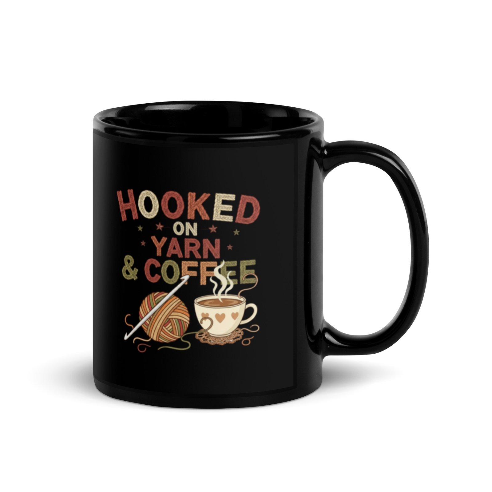 “hooked on yarn and coffee” mug – funny crochet quote cup for yarn lovers black glossy mug “hooked on yarn and coffee” mug – funny crochet quote cup for yarn lovers black glossy mug
