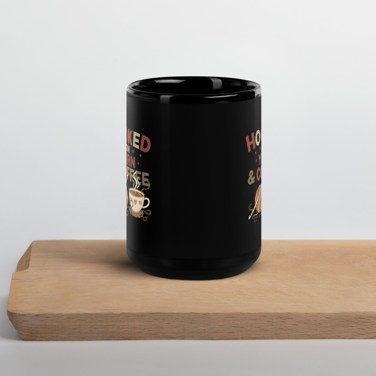 “hooked on yarn and coffee” mug – funny crochet quote cup for yarn lovers black glossy mug “hooked on yarn and coffee” mug – funny crochet quote cup for yarn lovers black glossy mug