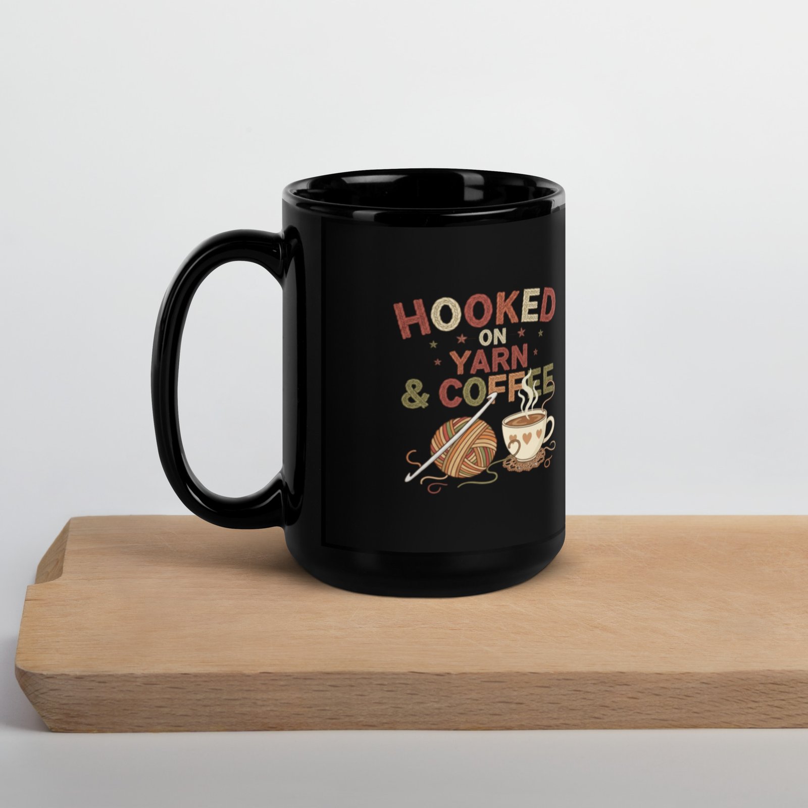 “hooked on yarn and coffee” mug – funny crochet quote cup for yarn lovers black glossy mug “hooked on yarn and coffee” mug – funny crochet quote cup for yarn lovers black glossy mug