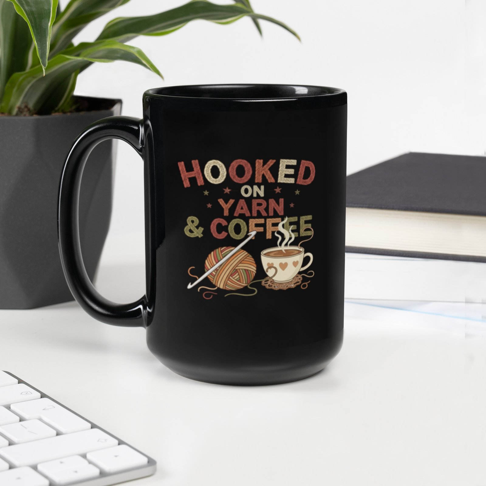 “hooked on yarn and coffee” mug – funny crochet quote cup for yarn lovers black glossy mug “hooked on yarn and coffee” mug – funny crochet quote cup for yarn lovers black glossy mug