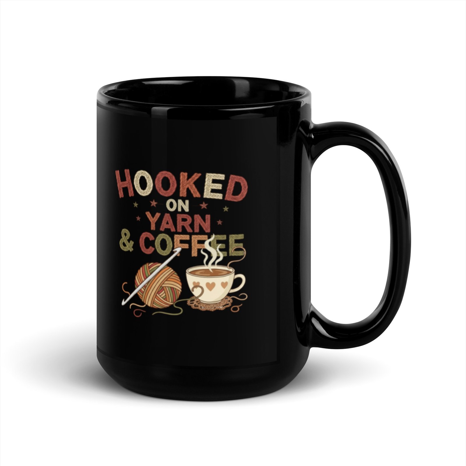 “hooked on yarn and coffee” mug – funny crochet quote cup for yarn lovers black glossy mug “hooked on yarn and coffee” mug – funny crochet quote cup for yarn lovers black glossy mug