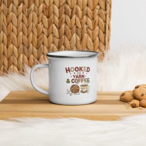 “hooked on yarn and coffee” mug – funny crochet quote cup for yarn lovers enamel mug