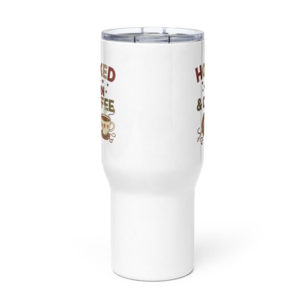 “hooked on yarn and coffee” travel mug – funny crochet quote to go cup travel mug with a handle