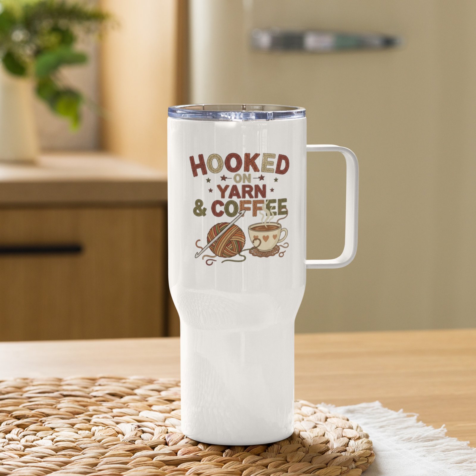 “hooked on yarn and coffee” travel mug – funny crochet quote to go cup travel mug with a handle “hooked on yarn and coffee” travel mug – funny crochet quote to go cup travel mug with a handle