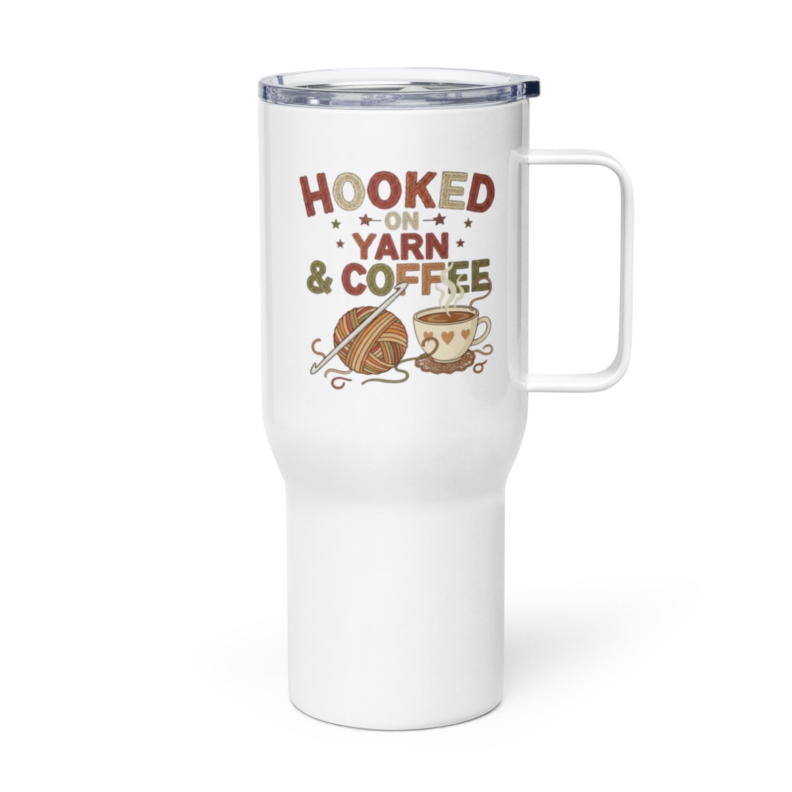 “hooked on yarn and coffee” travel mug – funny crochet quote to go cup travel mug with a handle “hooked on yarn and coffee” travel mug – funny crochet quote to go cup travel mug with a handle