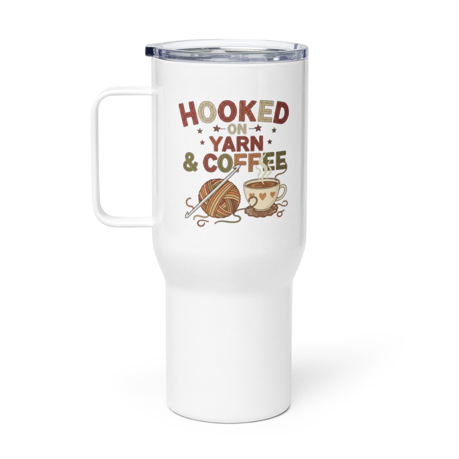 “hooked on yarn and coffee” travel mug – funny crochet quote to go cup travel mug with a handle “hooked on yarn and coffee” travel mug – funny crochet quote to go cup travel mug with a handle