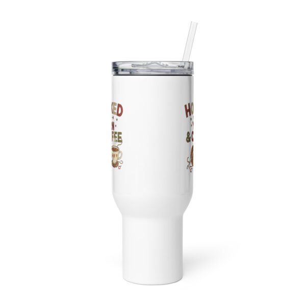 “hooked on yarn and coffee” travel mug – funny crochet quote to go cup travel mug with a handle