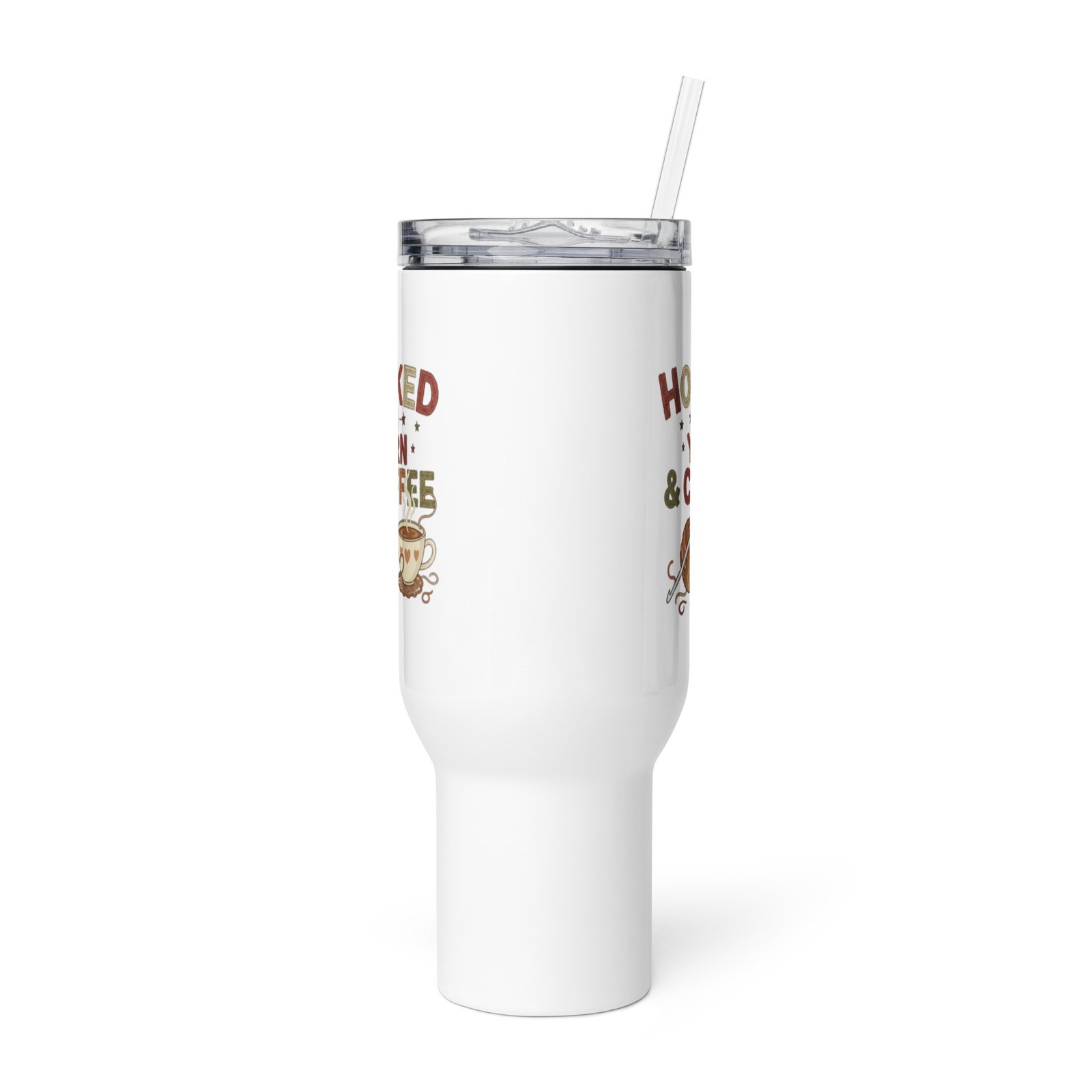 “hooked on yarn and coffee” travel mug – funny crochet quote to go cup travel mug with a handle “hooked on yarn and coffee” travel mug – funny crochet quote to go cup travel mug with a handle