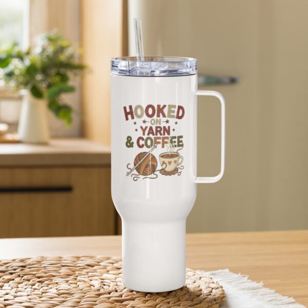 “hooked on yarn and coffee” travel mug – funny crochet quote to go cup travel mug with a handle