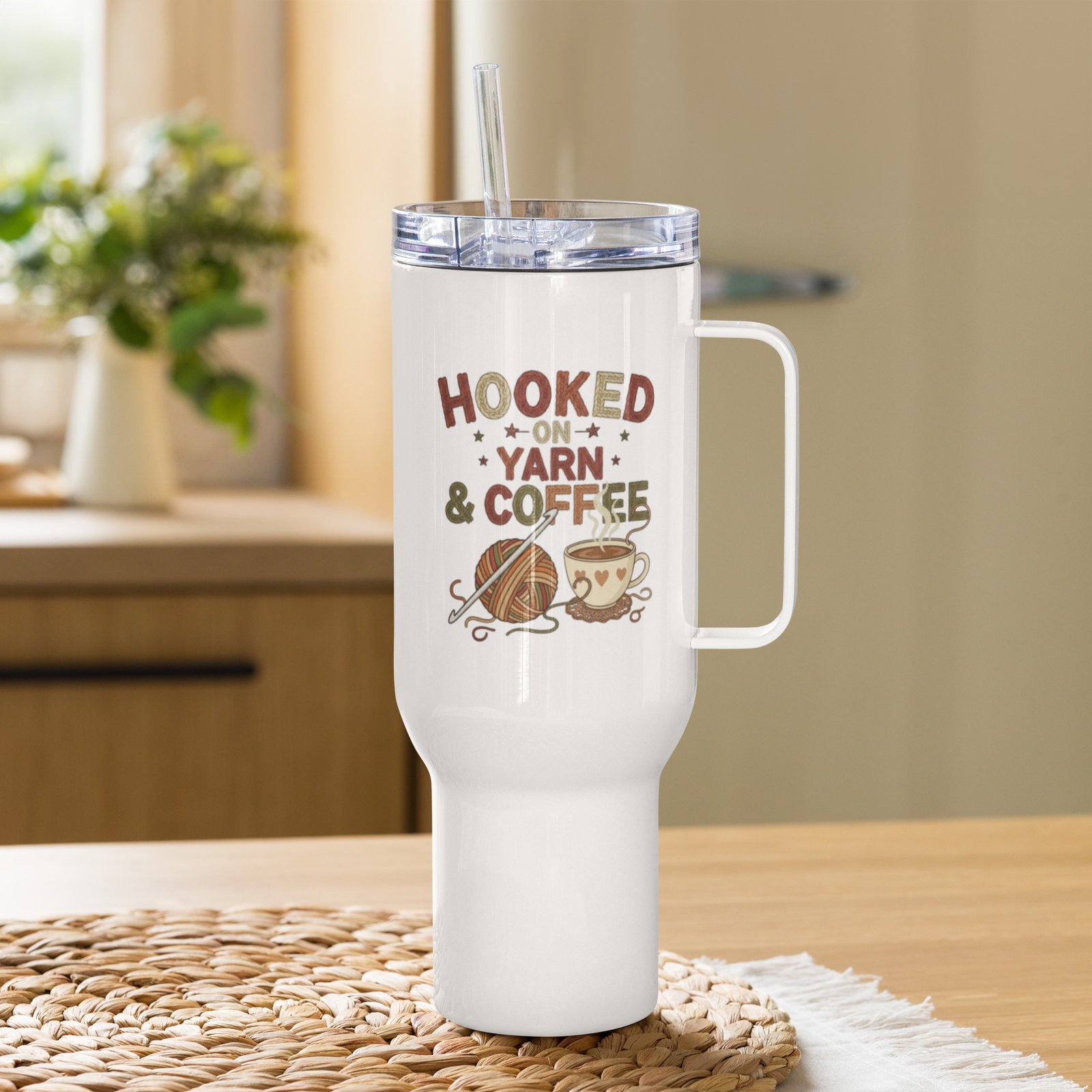 “hooked on yarn and coffee” travel mug – funny crochet quote to go cup travel mug with a handle “hooked on yarn and coffee” travel mug – funny crochet quote to go cup travel mug with a handle