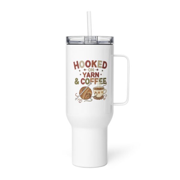 “hooked on yarn and coffee” travel mug – funny crochet quote to go cup travel mug with a handle