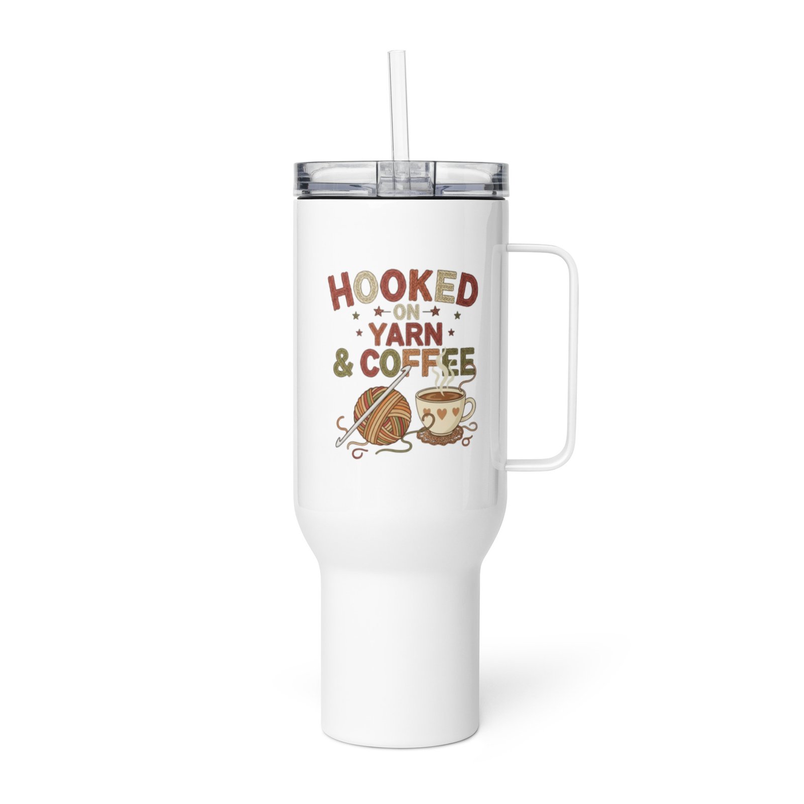 “hooked on yarn and coffee” travel mug – funny crochet quote to go cup travel mug with a handle “hooked on yarn and coffee” travel mug – funny crochet quote to go cup travel mug with a handle