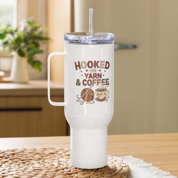 “hooked on yarn and coffee” travel mug – funny crochet quote to go cup travel mug with a handle