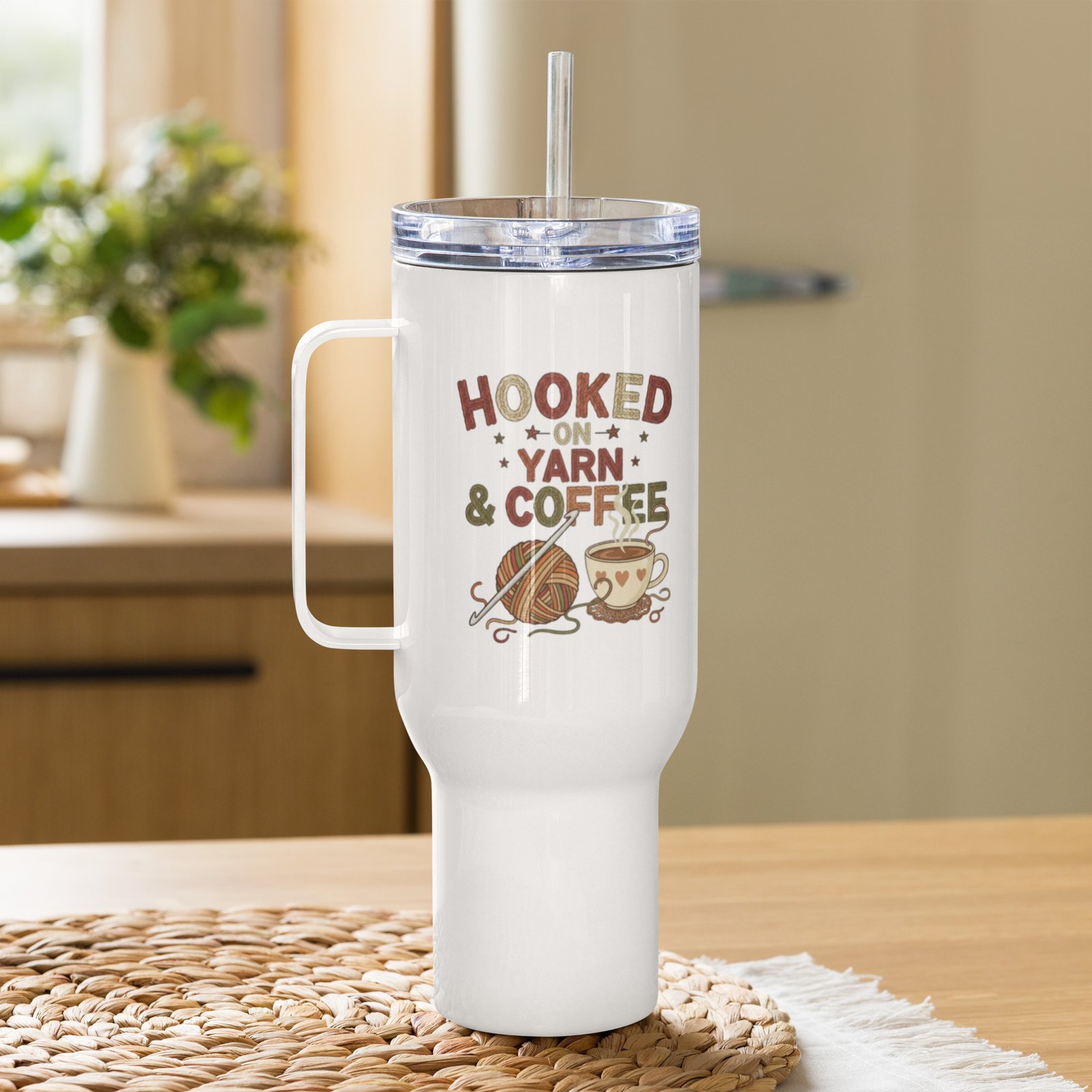 “hooked on yarn and coffee” travel mug – funny crochet quote to go cup travel mug with a handle “hooked on yarn and coffee” travel mug – funny crochet quote to go cup travel mug with a handle