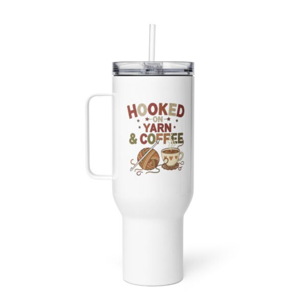 “hooked on yarn and coffee” travel mug – funny crochet quote to go cup travel mug with a handle