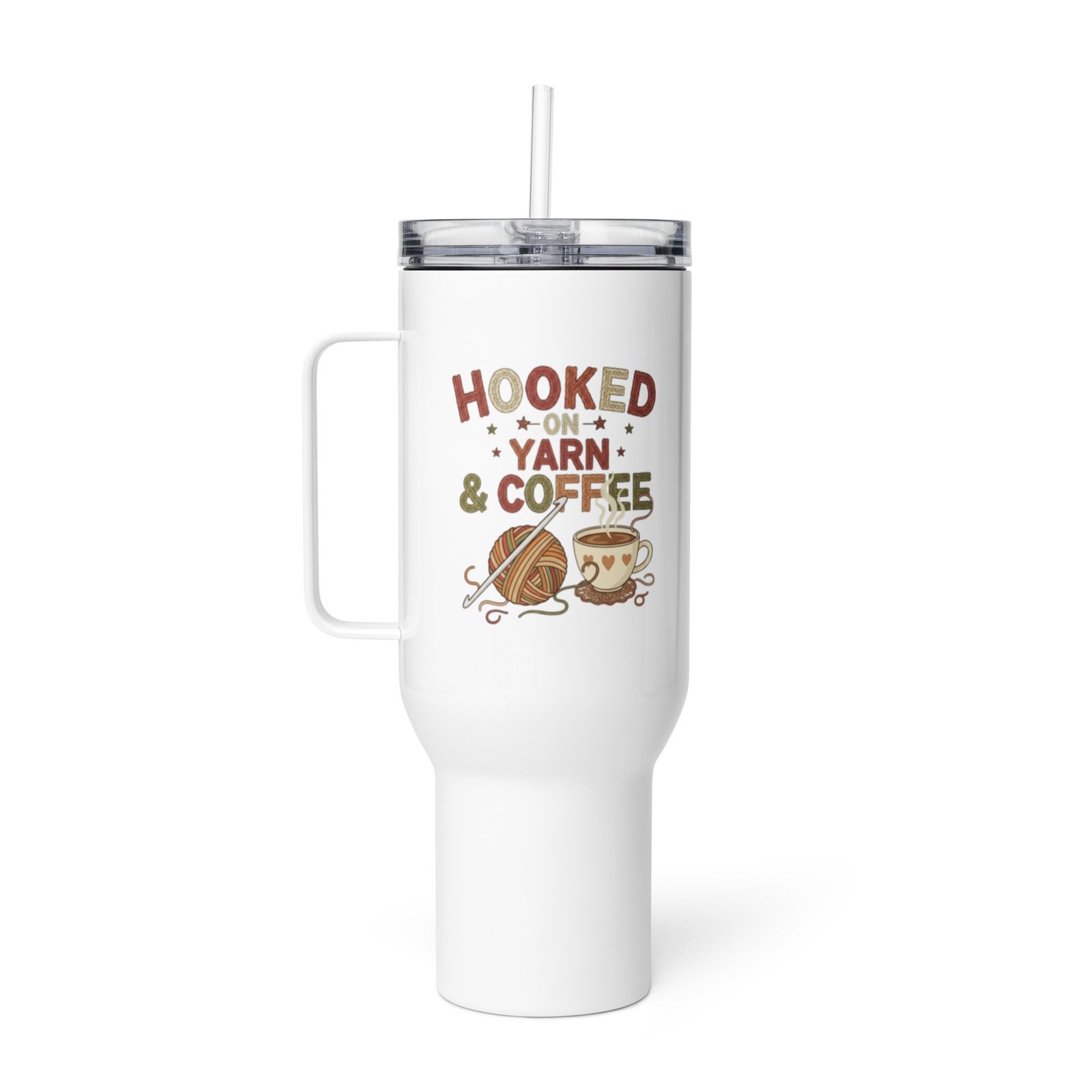 “hooked on yarn and coffee” travel mug – funny crochet quote to go cup travel mug with a handle “hooked on yarn and coffee” travel mug – funny crochet quote to go cup travel mug with a handle