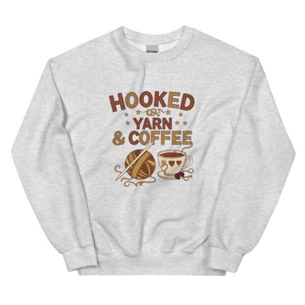 “hooked on yarn and coffee” sweatshirt – cozy crochet quote pullover for yarn lovers