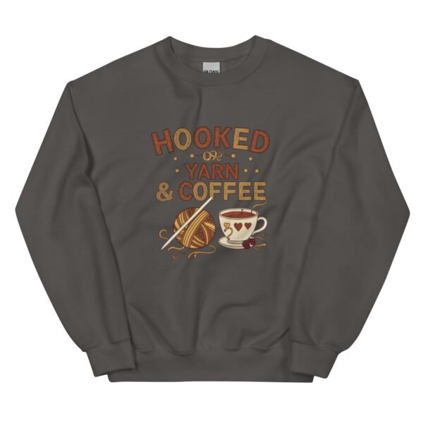 “hooked on yarn and coffee” sweatshirt – cozy crochet quote pullover for yarn lovers