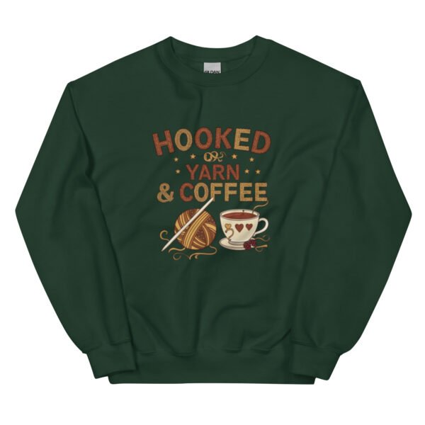 “hooked on yarn and coffee” sweatshirt – cozy crochet quote pullover for yarn lovers