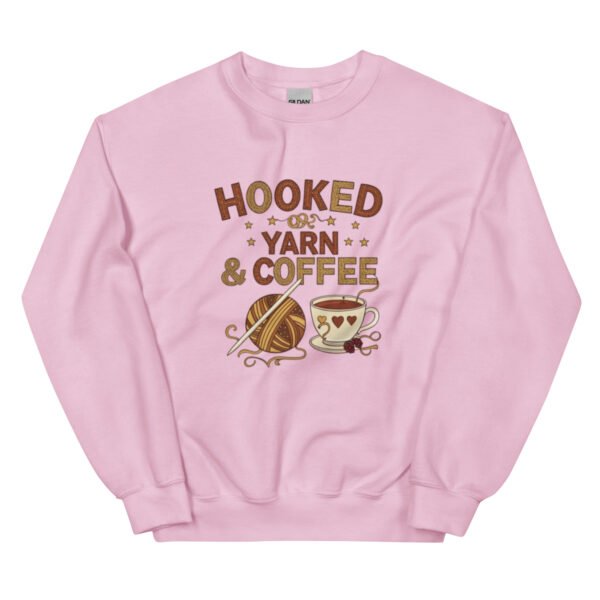 “hooked on yarn and coffee” sweatshirt – cozy crochet quote pullover for yarn lovers