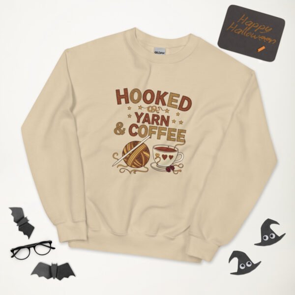 “hooked on yarn and coffee” sweatshirt – cozy crochet quote pullover for yarn lovers