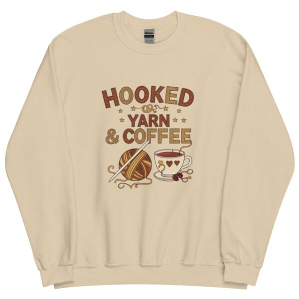“hooked on yarn and coffee” sweatshirt – cozy crochet quote pullover for yarn lovers