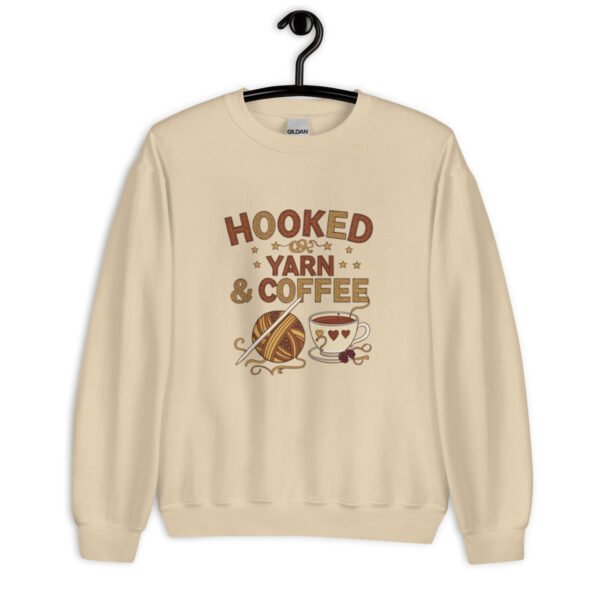 “hooked on yarn and coffee” sweatshirt – cozy crochet quote pullover for yarn lovers