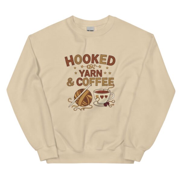 “hooked on yarn and coffee” sweatshirt – cozy crochet quote pullover for yarn lovers