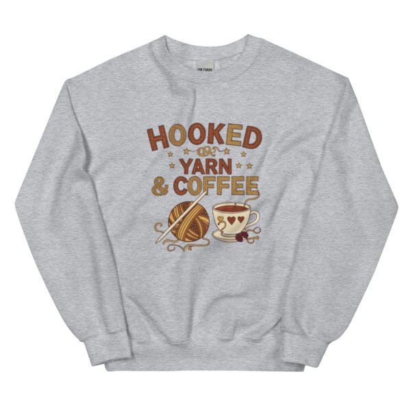 “hooked on yarn and coffee” sweatshirt – cozy crochet quote pullover for yarn lovers