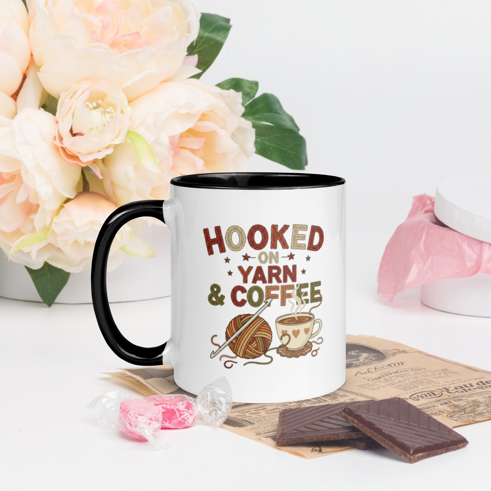 “hooked on yarn and coffee” mug – funny crochet quote cup for yarn lovers mug with color inside “hooked on yarn and coffee” mug – funny crochet quote cup for yarn lovers mug with color inside