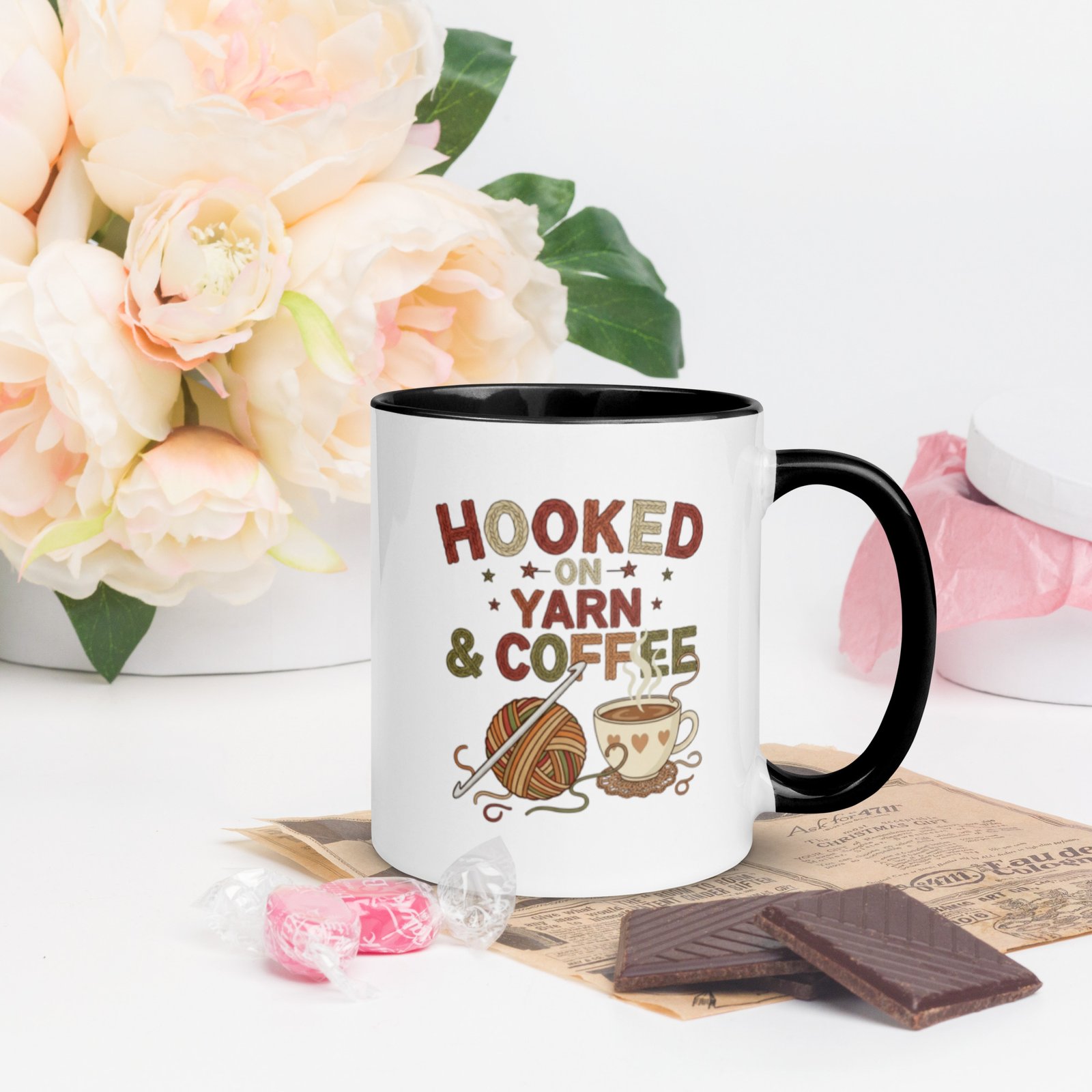 “hooked on yarn and coffee” mug – funny crochet quote cup for yarn lovers mug with color inside “hooked on yarn and coffee” mug – funny crochet quote cup for yarn lovers mug with color inside