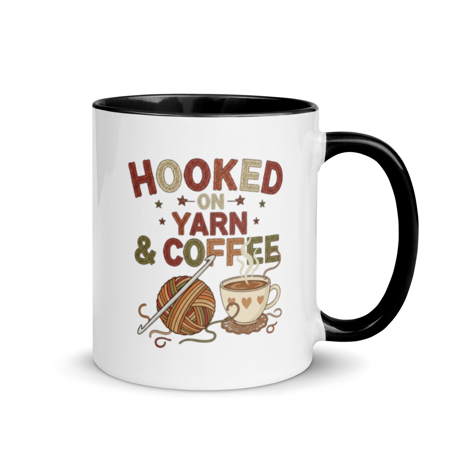 “hooked on yarn and coffee” mug – funny crochet quote cup for yarn lovers mug with color inside “hooked on yarn and coffee” mug – funny crochet quote cup for yarn lovers mug with color inside