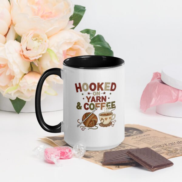 “hooked on yarn and coffee” mug – funny crochet quote cup for yarn lovers mug with color inside