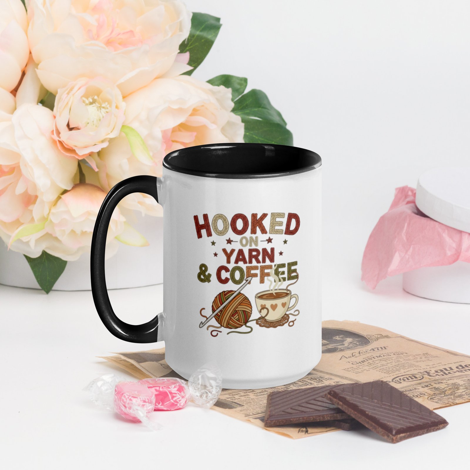 “hooked on yarn and coffee” mug – funny crochet quote cup for yarn lovers mug with color inside “hooked on yarn and coffee” mug – funny crochet quote cup for yarn lovers mug with color inside