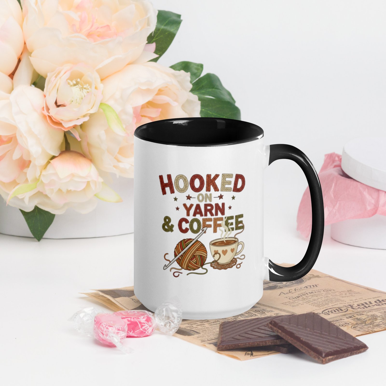 “hooked on yarn and coffee” mug – funny crochet quote cup for yarn lovers mug with color inside “hooked on yarn and coffee” mug – funny crochet quote cup for yarn lovers mug with color inside