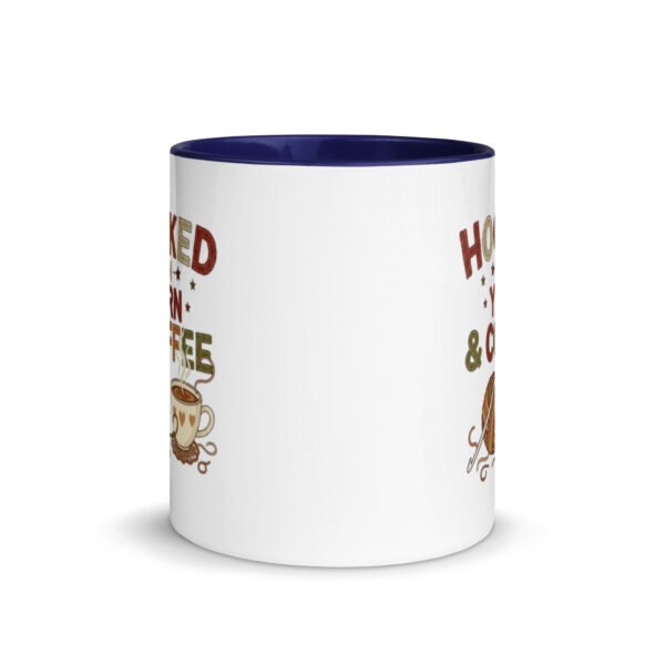 “hooked on yarn and coffee” mug – funny crochet quote cup for yarn lovers mug with color inside