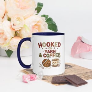 “hooked on yarn and coffee” mug – funny crochet quote cup for yarn lovers mug with color inside
