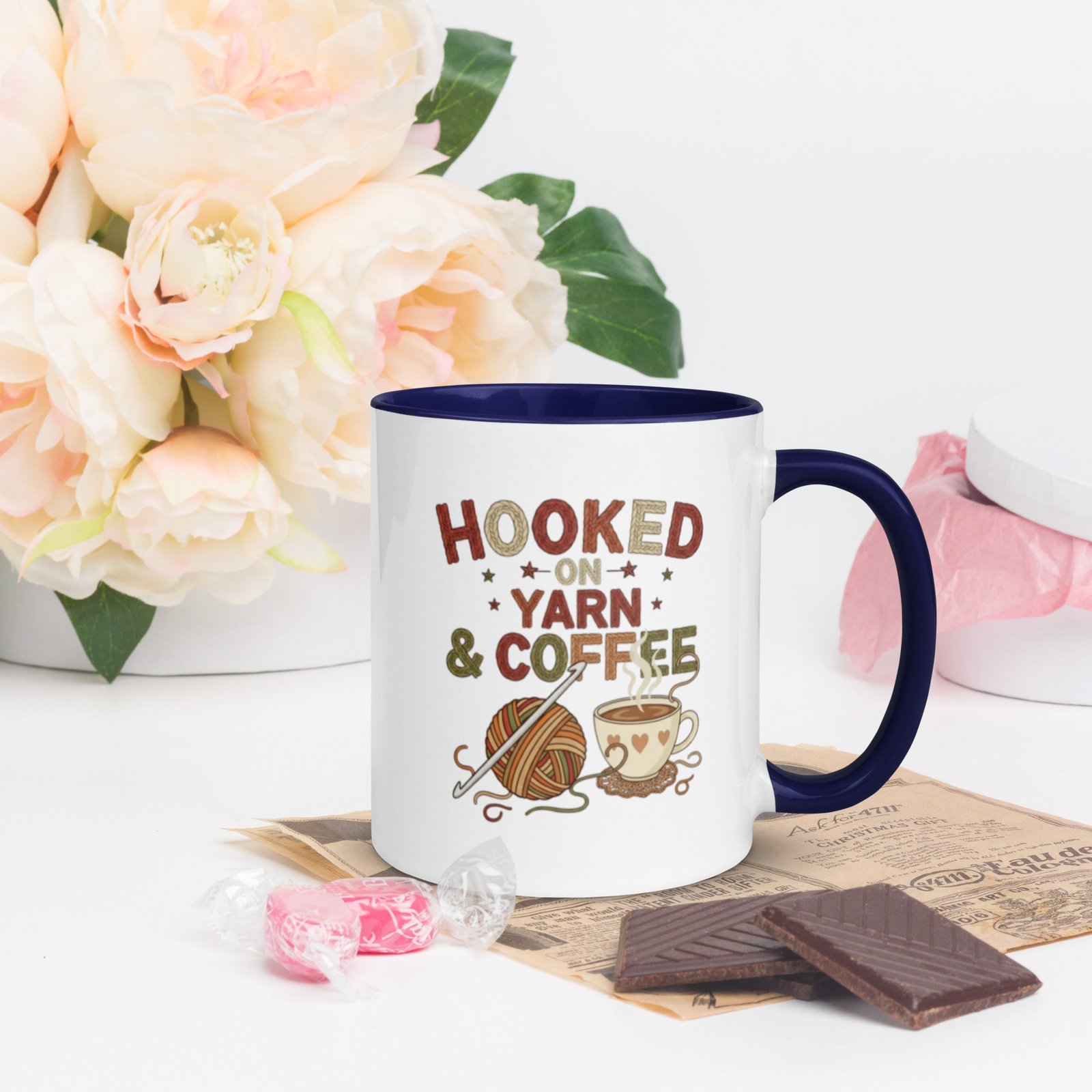 “hooked on yarn and coffee” mug – funny crochet quote cup for yarn lovers mug with color inside “hooked on yarn and coffee” mug – funny crochet quote cup for yarn lovers mug with color inside