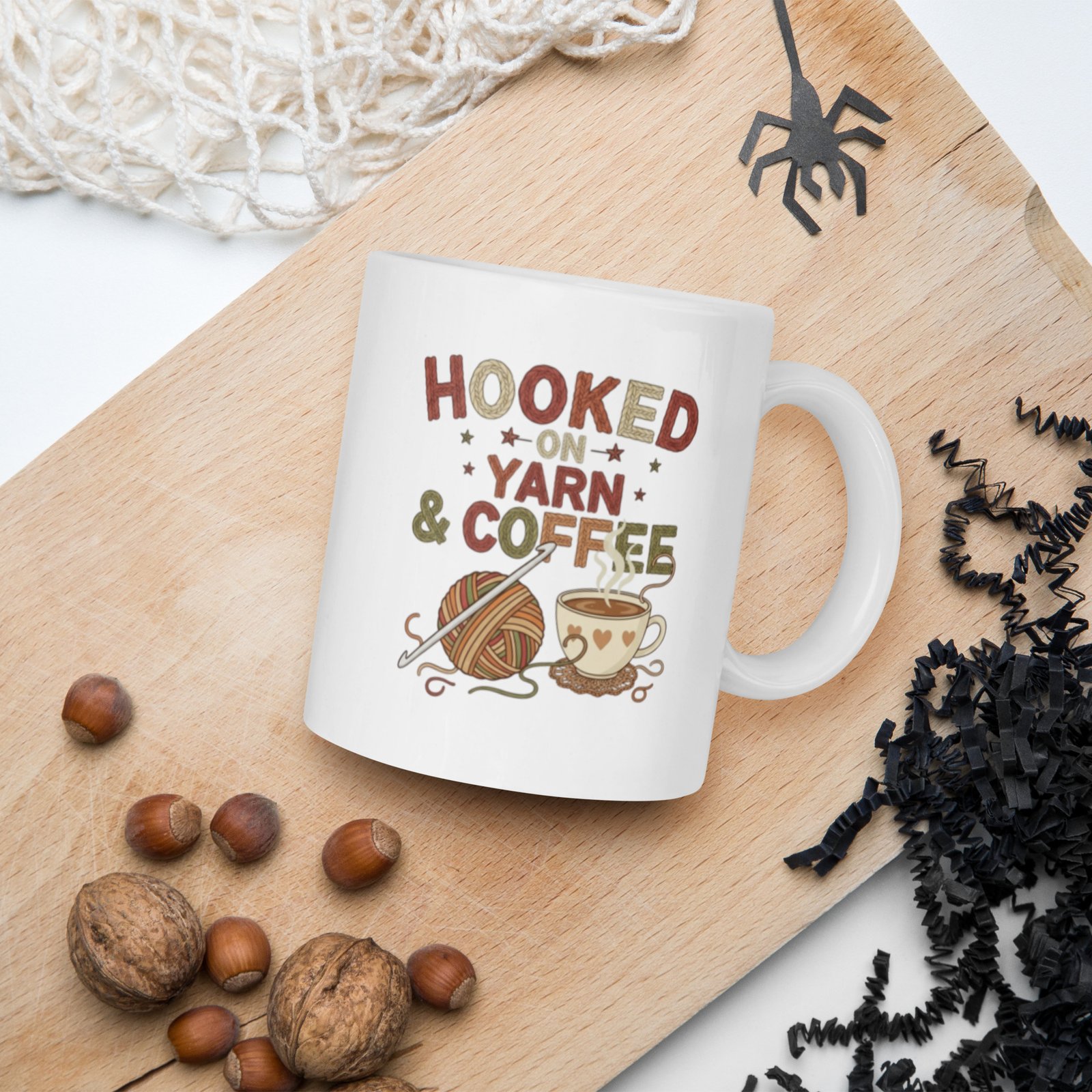 “hooked on yarn and coffee” mug – funny crochet quote cup for yarn lovers white glossy mug “hooked on yarn and coffee” mug – funny crochet quote cup for yarn lovers white glossy mug