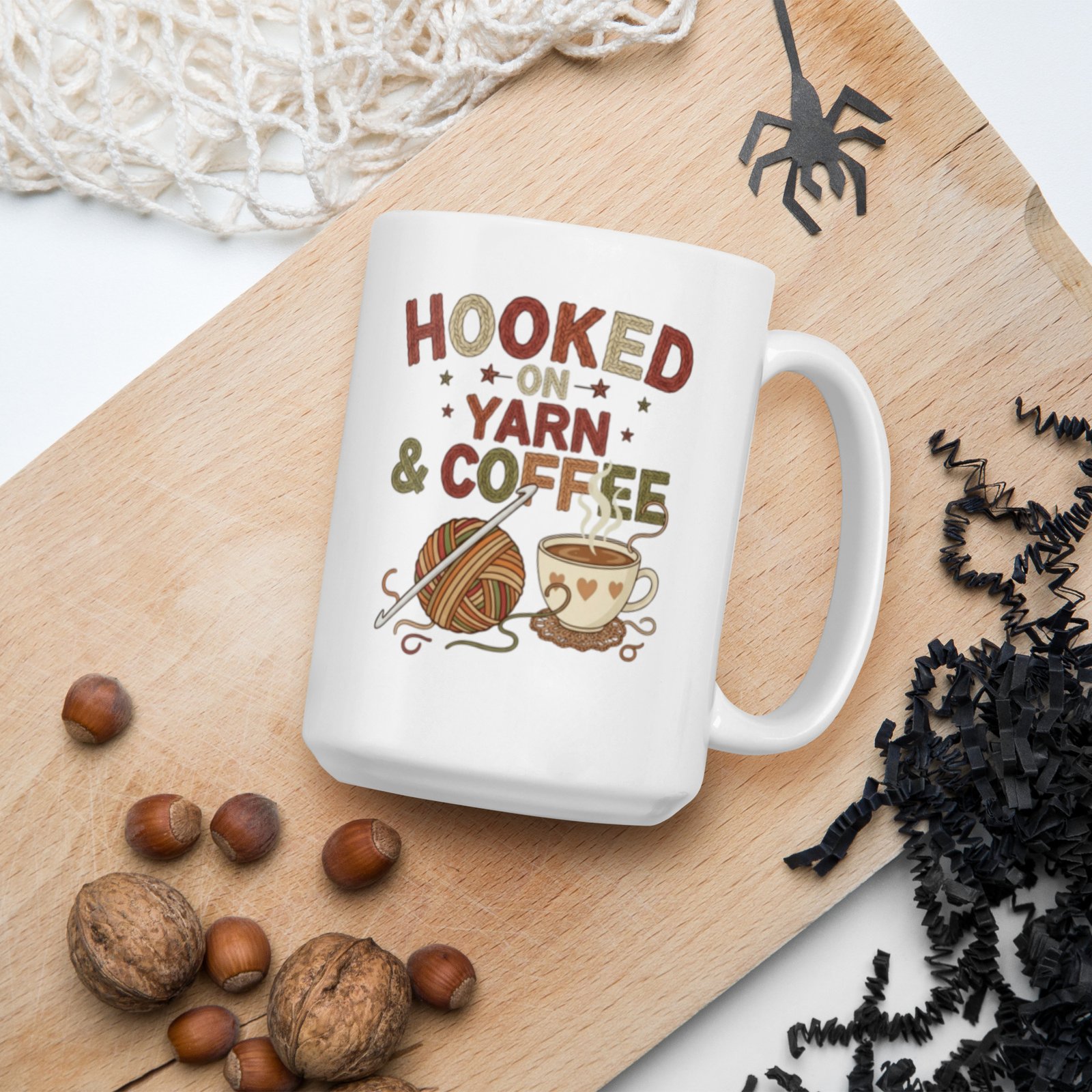 “hooked on yarn and coffee” mug – funny crochet quote cup for yarn lovers white glossy mug “hooked on yarn and coffee” mug – funny crochet quote cup for yarn lovers white glossy mug