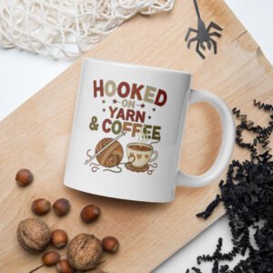 “hooked on yarn and coffee” mug – funny crochet quote cup for yarn lovers white glossy mug