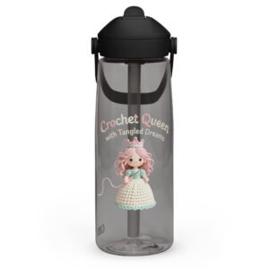 “crochet queen with tangled dreams” – flip straw water bottle for outdoor yarn adventures