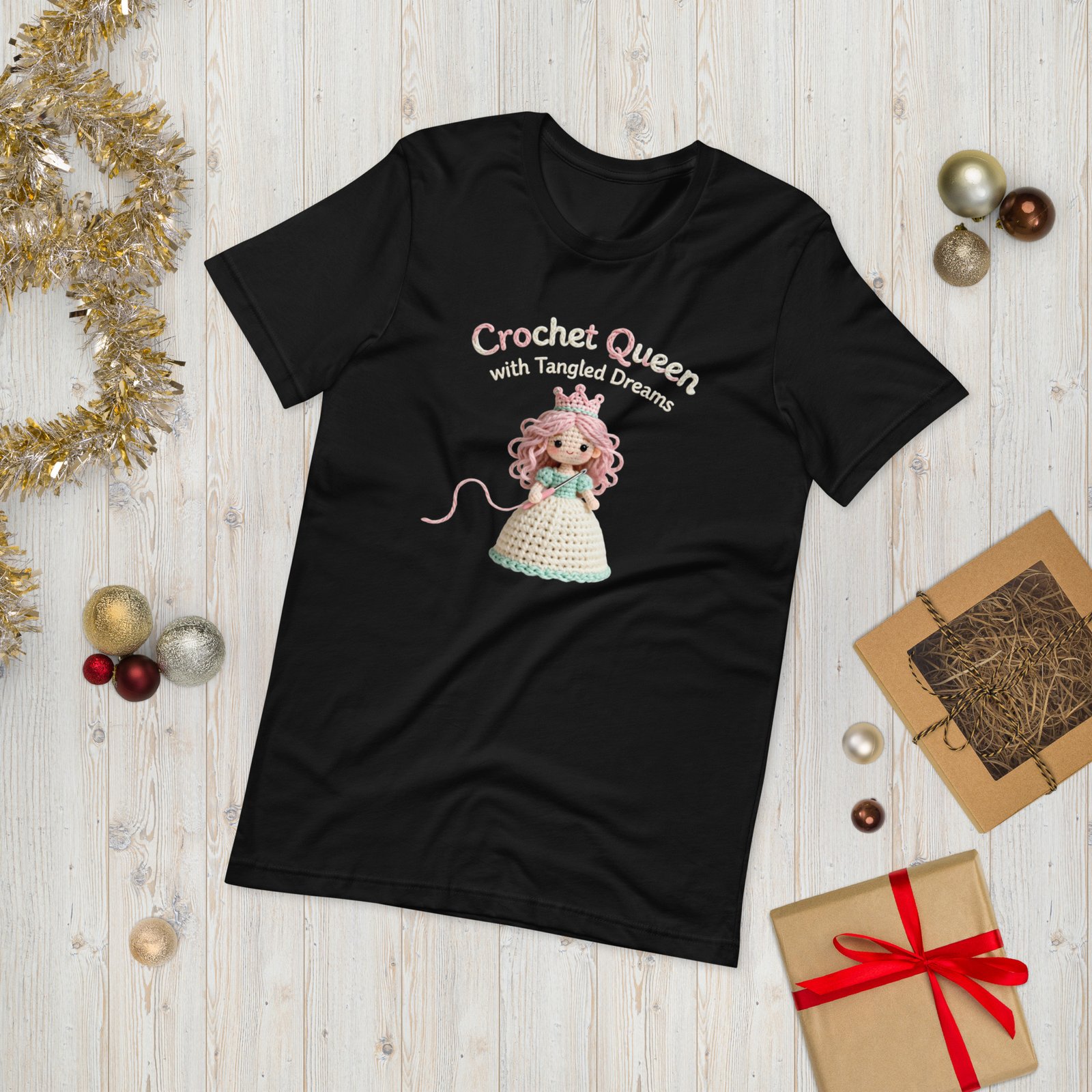 “crochet queen with tangled dreams” – trendy unisex t shirt for the modern yarn royalty “crochet queen with tangled dreams” – trendy unisex t shirt for the modern yarn royalty